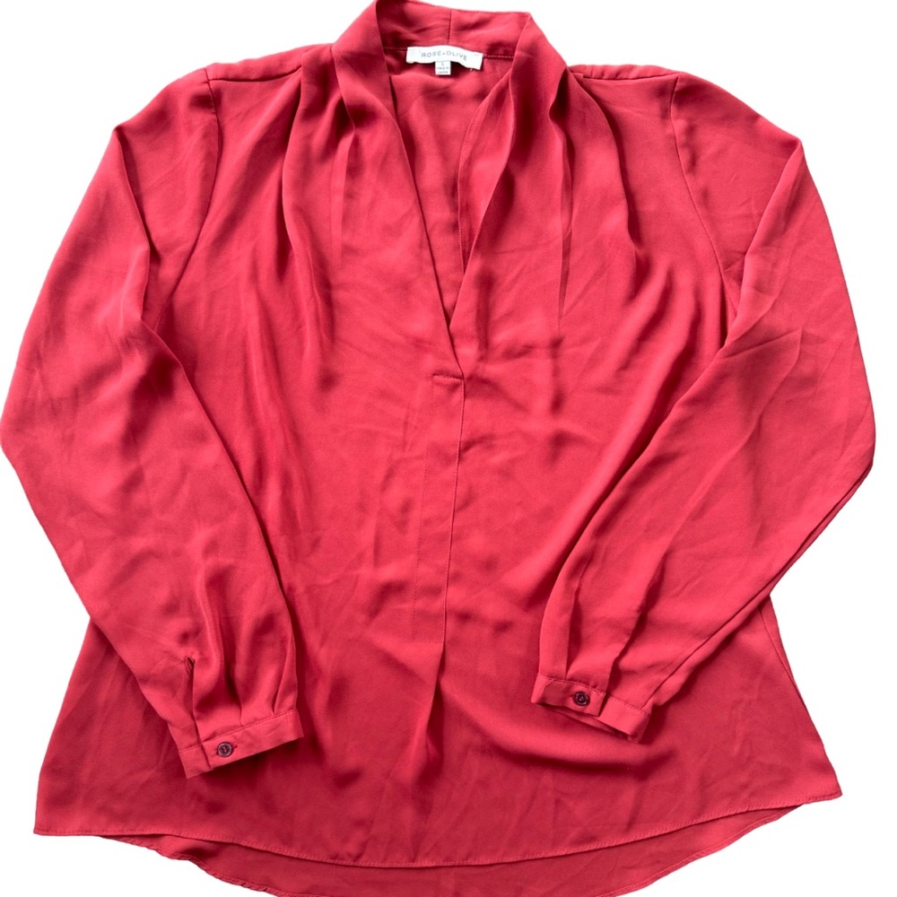 Rose + Olive Women’s Blouse Long Cuff Sleeve Pullover Shawl Collar Red Size L